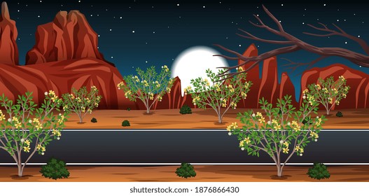Wild desert with long road landscape at night scene illustration