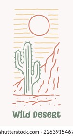 Wild desert mono line art design for t-shirt, badge, patch, sticker, etc