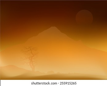 Wild desert nature landscape with three stones and  a mountain in vector.