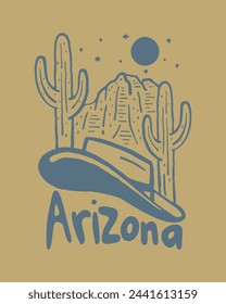 Wild desert vibes illustrated by cowboys hat desert view in Arizona for sticker, t shirt, outdoor apparel design