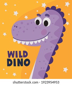 wild dino lettering and one kids illustration of a purple dinosaur vector illustration design