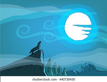A Wild Dog or Wolf howls on a cliff during a full moon. Editable Clip art.