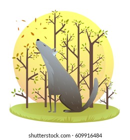 Wild dog or wolf sitting alone howling in the forest. Animal cartoon graphics wildlife clip art. Vector illustration