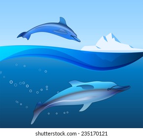 wild dolphins swim underwater in the Antarctic ocean with iceberg on the background.