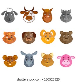 Wild and domestic animal cartoon characters collection for icons avatars or mascots isolated vector illustration