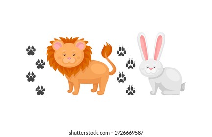 Wild and Domestic Animal with Rabbit and Lion and Their Footprints Vector Set