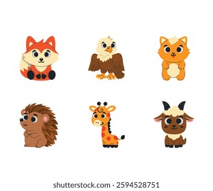 Wild and Domestic Animals — Fox, Eagle, Cat, Hedgehog, Giraffe, and Yak