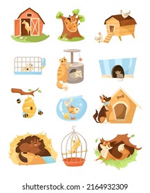 Wild And Domestic Animals With Homes Vector Illustrations Set. Cartoon Characters In Dens, Comic Parrot In Cage, Dog Near Kennel, Fish In Aquarium Isolated On White Background. Animals, Nature Concept