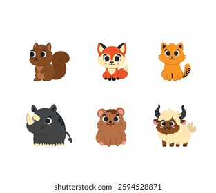 Wild and Domestic Animals Set — Squirrel, Fox, Cat, Rhino, Hamster, and Yak Illustrations