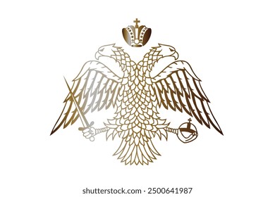 Águila salvaje de doble cabeza de oro con alas extendidas y espada gráfica Escudo de armas bizantino Ilustración vectorial de la bandera aislada. Anuncio del emblema del Imperio Romano de Oriente. Símbolo de la iglesia ortodoxa griega. Águila dorada