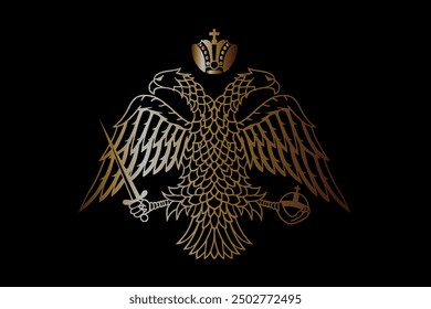 Wild double head eagle gold with spread wings and sword graphic Byzantine coat of arms flag vector illustration isolated. Eastern Roman Empire emblem banner. Greek orthodox church symbol. Golden eagle