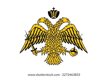 Wild double head eagle with spread wings and sword graphic Byzantine coat of arms flag vector illustration isolated. Eastern Roman Empire emblem banner. Greek orthodox church symbol.