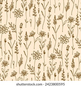 Wild dry herbs, meadow flowers on a light background. Simple floral vector seamless pattern. For fabric prints, textiles, packaging.