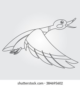 Wild duck flying icon outline drawing.