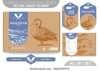 Wild Duck game meat packaging design set featuring detailed hand drawn illustrations, accents and informative labels. Perfect for farms, butchers, and supermarkets seeking a high-quality meat 