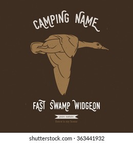 Wild duck vector illustration. European animals silhouettes with lettering chalk board. Camping logo design.