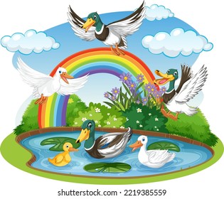 Wild ducks in the forest illustration