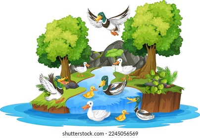 Patos salvajes en la ilustración forestal