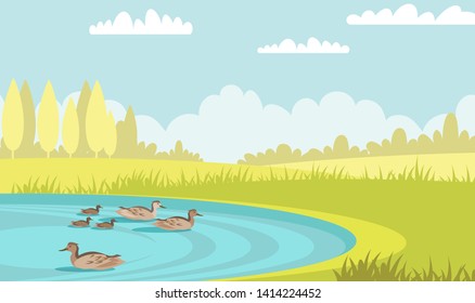 Wild ducks swim in pond flat vector illustration. Tranquil mallards with ducklings. Waterbird family in lake. Summer scenery green meadow with trees and poultry in water. Mother bird with babies