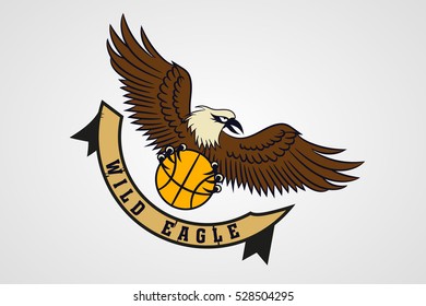 wild eagle with the ball in his paws. sports the emblem of the basketball team. logo, icon. ribbon with the inscription. 