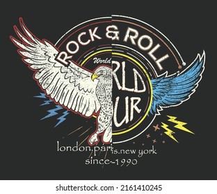 Wild eagle graphic print design. Rock and roll graphic print for posters, stickers, background and others. Wild bird wing t shirt print design.