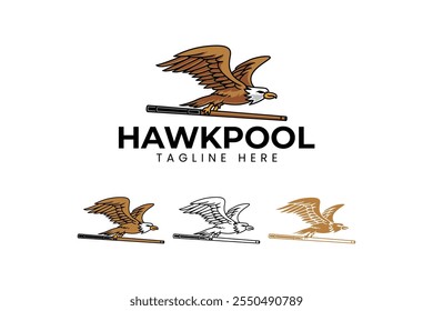 wild eagle holding stick billiard logo design. brown hawk with cue pool vector element design. falcon bird with stick snooker illustration logo for billiard sport club and tournament