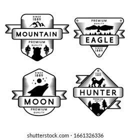 Wild Eagle and Hunter, Moon and Mountain Set Logo. Collection Trademark Premium Quality. Bird Condor and Bear, Wolf and Dog Silhouettes on Logotype Black and White Layout Vector Flat Illustrations