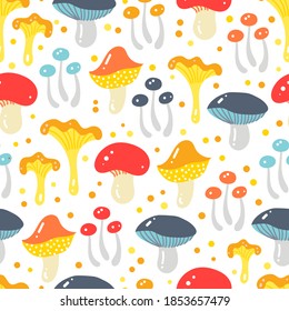 Wild edible mushrooms seamless hand drawn cute colorful pattern background. 