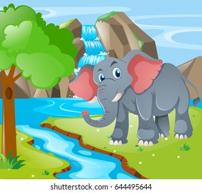 Wild elephant by the waterfall illustration