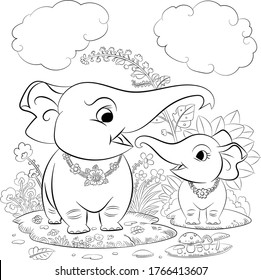 Wild elephant and her baby learning the nature.Beauty hand drawn vector image for greeting card, coloring books,pre school coloring,kids booksillustration,nature illustration,background,animals image.