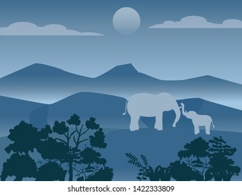 Wild elephants family in forest and mountain at night scene,vector illustration.