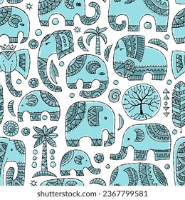 Wild elephants in jungle. Ethnic ornament style. Seamless pattern for your design - fabric, wallpapers, wrapping