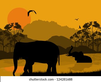 Wild elephants at sunset on beautiful landscape, vector illustration