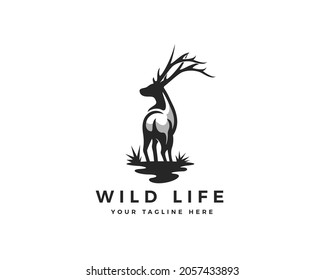wild elk deer scare back view drawn art logo template illustration
