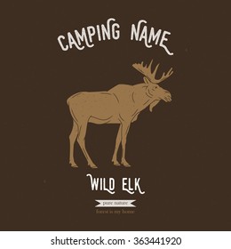 Wild elk vector illustration. European animals silhouettes with lettering chalk board. Camping logo design.