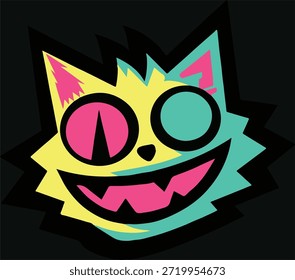 Cara de gato de dibujos animados salvaje y enérgico con expresiones exageradas y colores brillantes. Ilustración vectorial atrevida perfecta para pegatinas, gráficas de ropa de calle, diseños de cultura juvenil y marca juguetona.