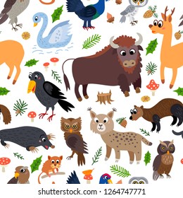 Wild Europe animals seamless pattern. European cute drawing animal in flat style isolated on white. Including mole, bison, capercaillie, lanner Falcon, scops owl, roe deer, raven, lynx, wildcat, 