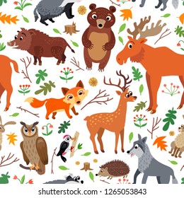 Wild Europe animals seamless pattern. European cute drawing animal in flat style isolated on white. Including fox, elk, reindeer, red deer, eagle-owl, brown bear, badger, brock, woodpecker, wolverine