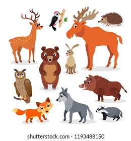 Wild Europe animals set in flat style isolated on white background. Including fox, elk, reindeer, red deer, eagle-owl, brown bear, badger, brock, woodpecker, wolverine,