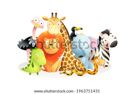 Wild exotic African baby animals group isolated on white background. Cute colorful safari animals sitting together, clip art for kids. Vector cartoon in watercolor style.