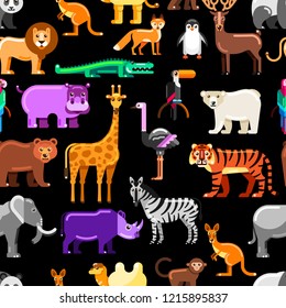 Wild exotic animals on black background. Vector seamless pattern. Colorful zoo or safari flat illustration.