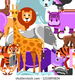Wild exotic animals seamless pattern. Zoo or safari vector flat illustration. Multicolor cartoon cute background.