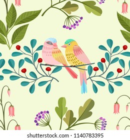 Wild exotic birds on flowers seamless pattern on yellow background vector illustration