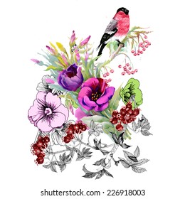 Wild exotic birds on flowers twig on white background vector illustration