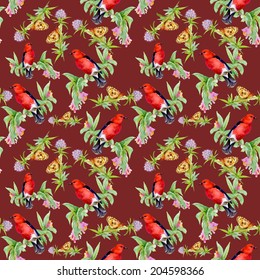 Wild exotic birds on twig with butterflies and wildflowers seamless pattern on red background, vector