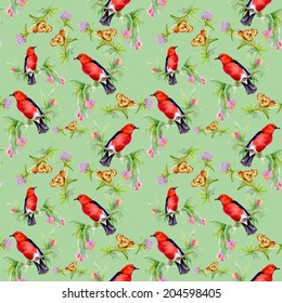 Wild exotic birds on twig with butterflies and wildflowers seamless pattern on green background, vector