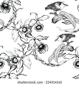 Wild exotic birds on twig seamless pattern on white background vector illustration