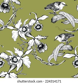 Wild exotic birds on twig seamless pattern on green background vector illustration