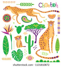 Wild exotic cats, tropical plants and ethnic patterns set. Cheetahs and their cub. Vector illustration of cartoon style.
