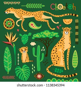 Wild exotic cats, tropical plants and ethnic patterns set. Cheetahs and their cub. Vector illustration of cartoon style.